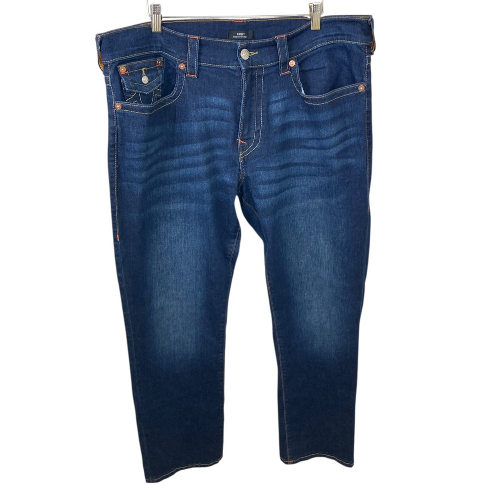 True Religion Ricky T Flap Jeans Relaxed Straight 38x32 Thick Stich Dark Wash